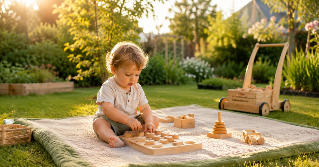 Enfant qui explore un jardin avec des jouets Montessori en bois sur un tapis d'éveil nature
