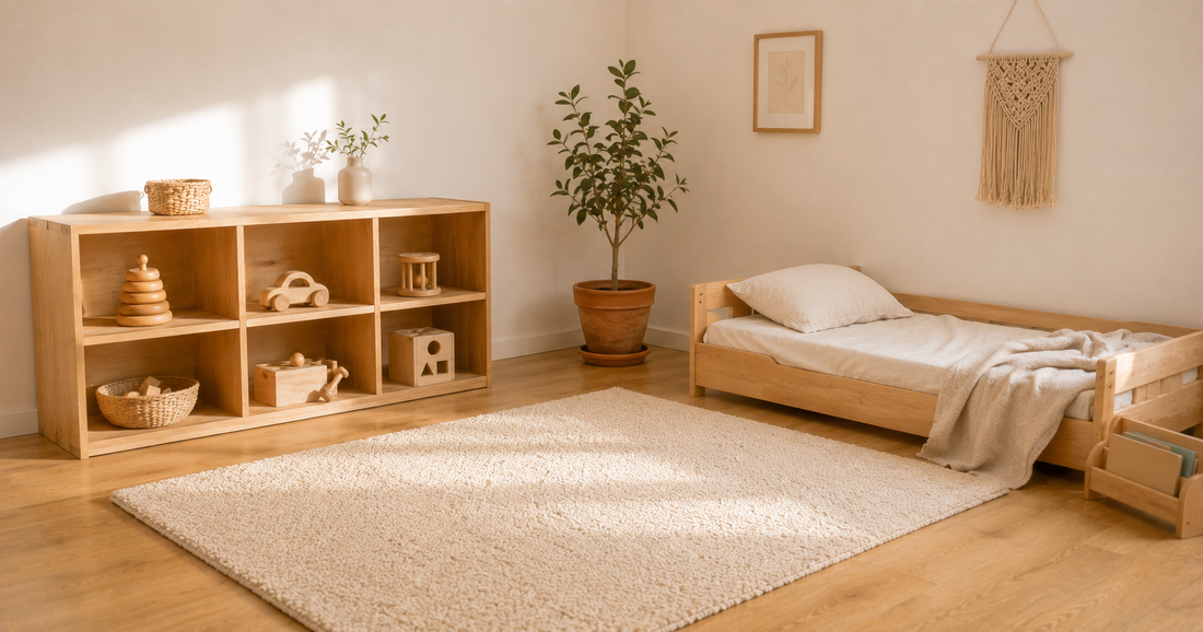 Espace de jeu Montessori aménagé à la maison avec étagère basse et matériaux naturels