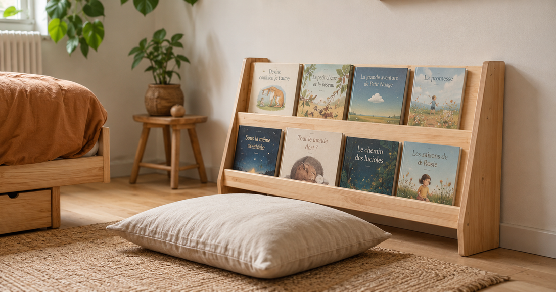 Bibliothèque Montessori en bois naturel avec livres couverture face avant — chambre enfant épurée