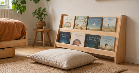 Bibliothèque Montessori en bois naturel avec livres couverture face avant — chambre enfant épurée