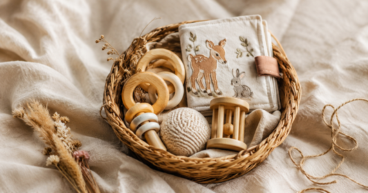 Cadeau naissance original — sélection de jouets Montessori en bois naturel dans un panier