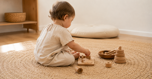 Enfant de 18 mois jouant avec des jouets Montessori en bois naturel