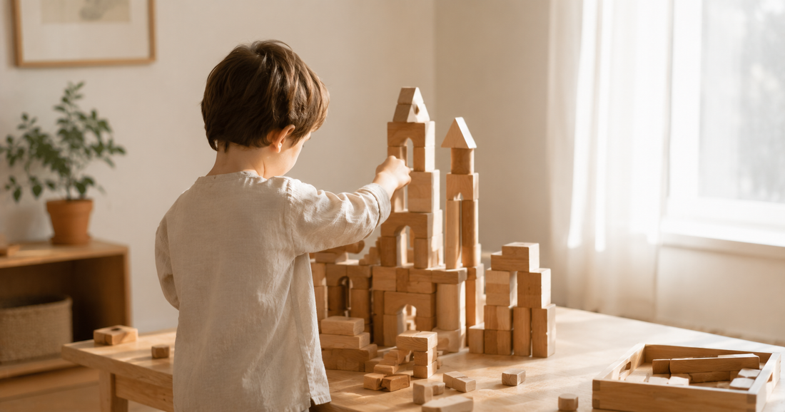 Enfant de 3 ans construisant avec des blocs Montessori en bois - créativité et autonomie
