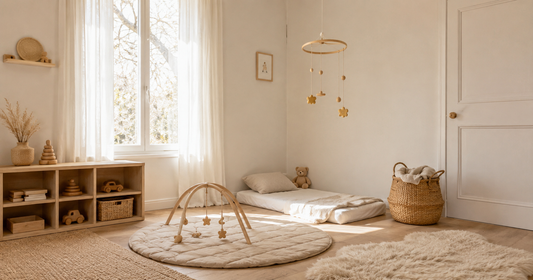 Chambre de bébé aménagée selon les principes Montessori avec mobilier essentiel