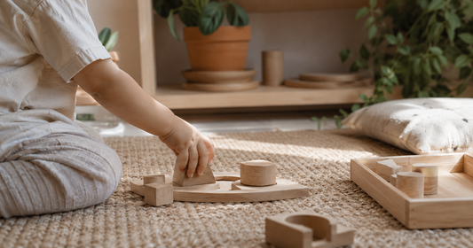 Enfant découvrant la méthode Montessori avec des formes en bois naturel