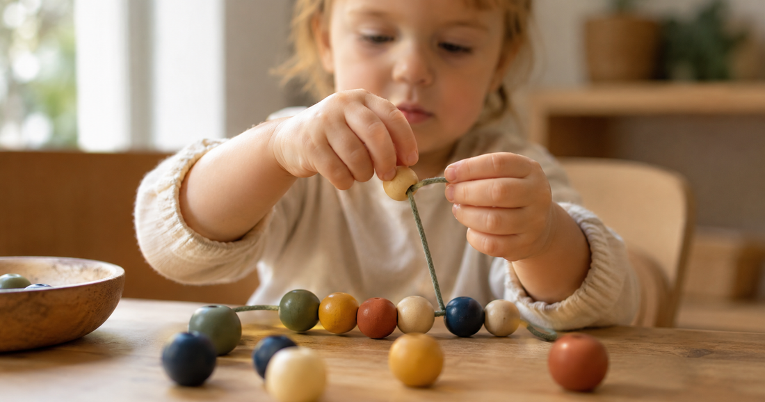 Enfant qui enfile des perles en bois pour développer sa motricité fine