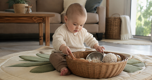 Bébé assis explorant un panier des trésors Montessori rempli d'objets naturels