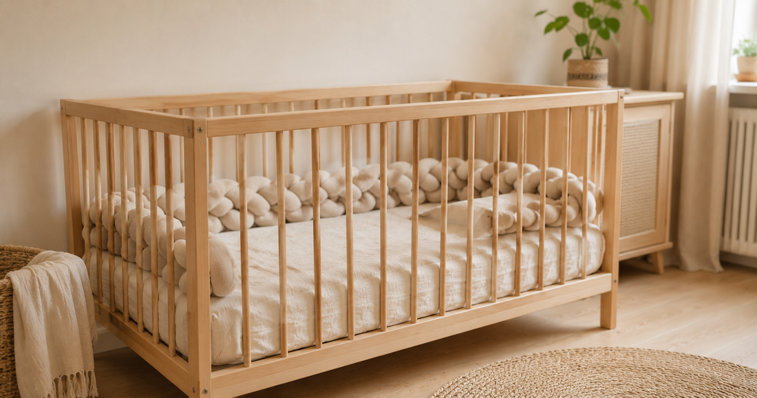  Tresse de lit Montessori en coton naturel installée sur un lit à barreaux en bois — chambre bébé épurée