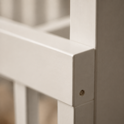 Détail de la finition mate et du bois du lit cabane enfant blanc