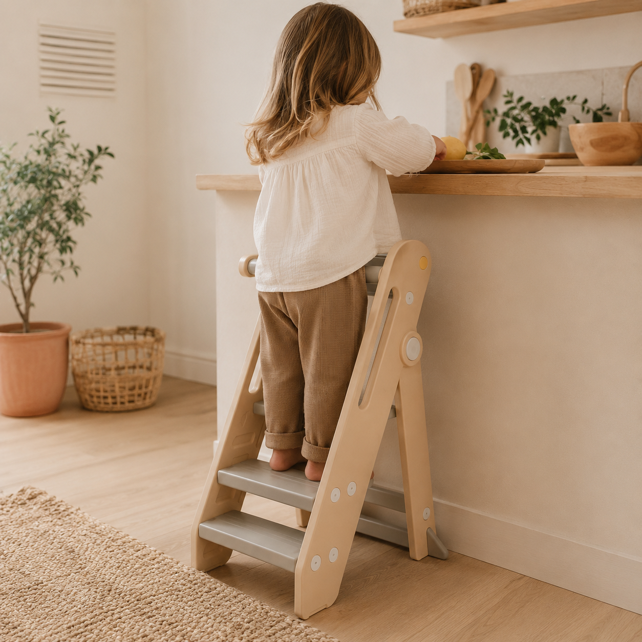 Enfant utilisant une tour d'observation Montessori en cuisine