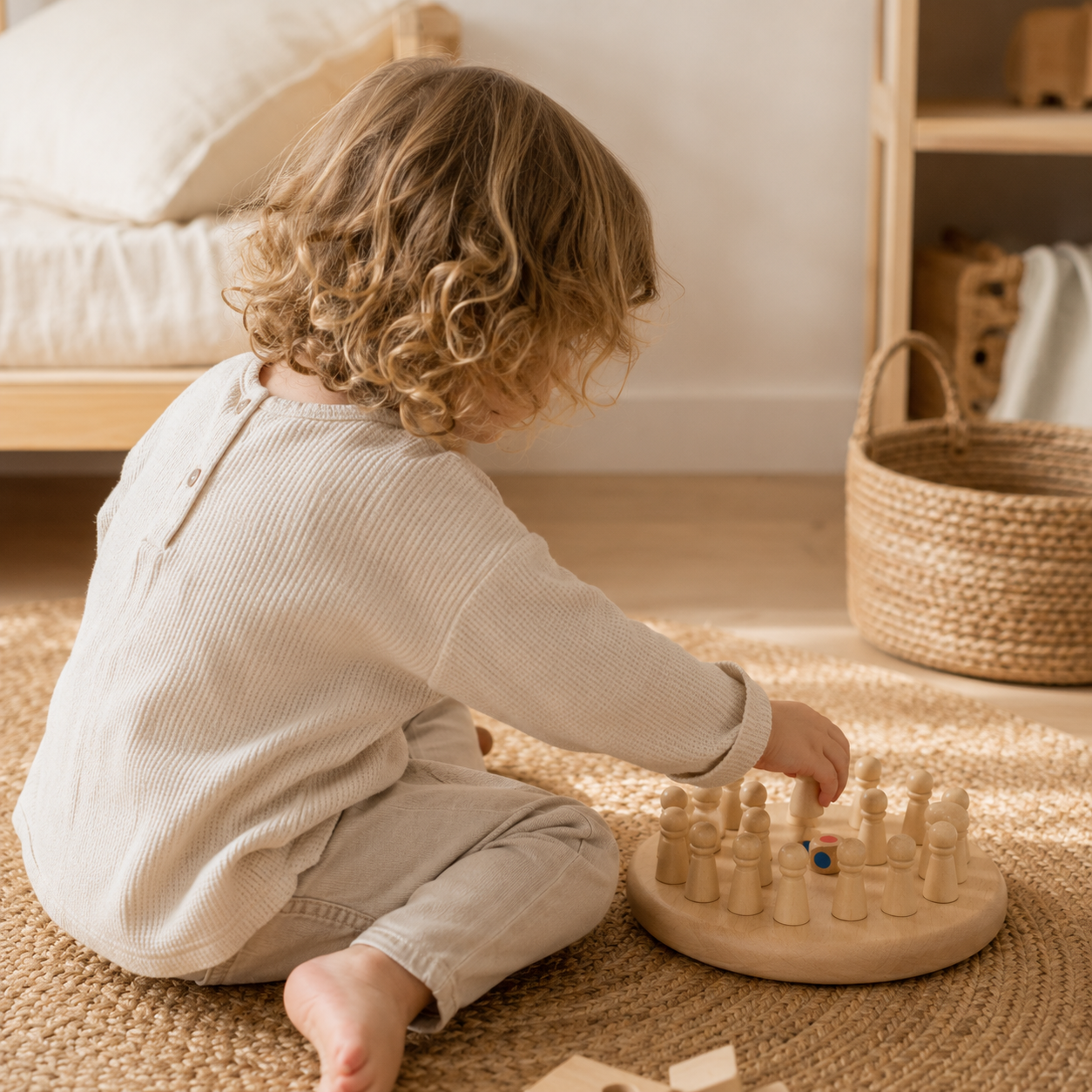 Enfant jouant avec le jeu de mémoire Montessori en bois