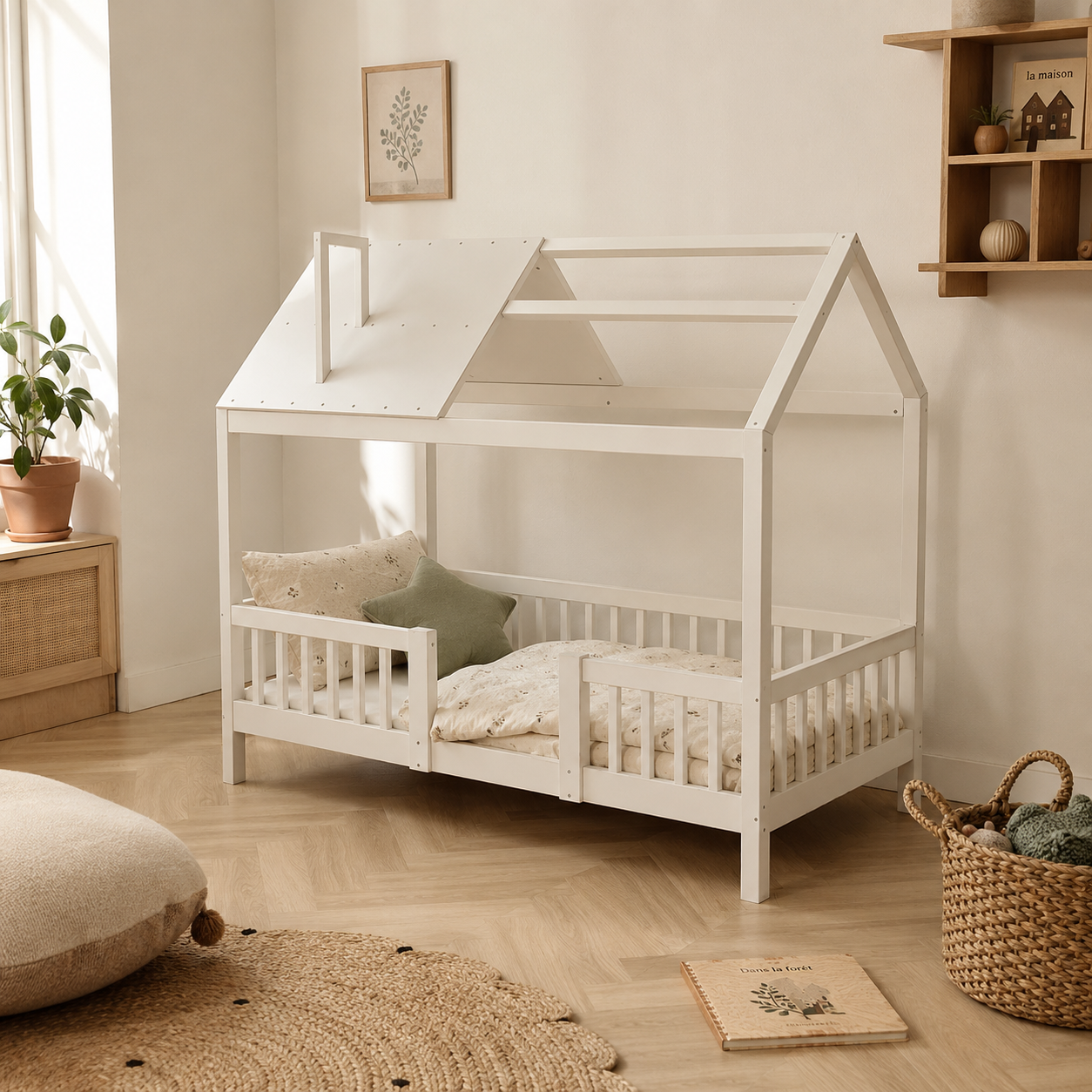 Lit cabane enfant blanc dans une chambre Montessori scandinave