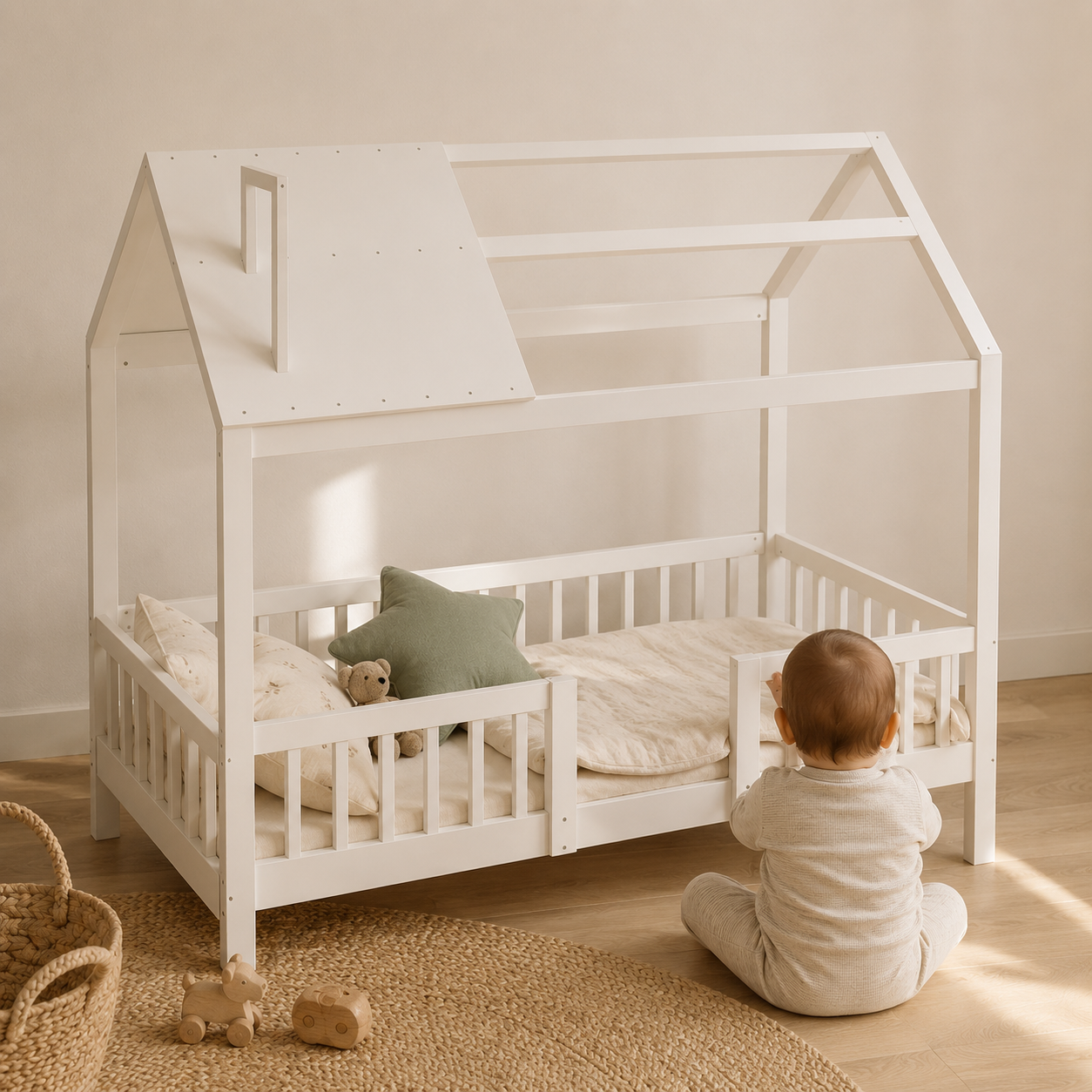 Lit cabane enfant blanc avec bébé 6 à 9 mois pour visualiser la taille