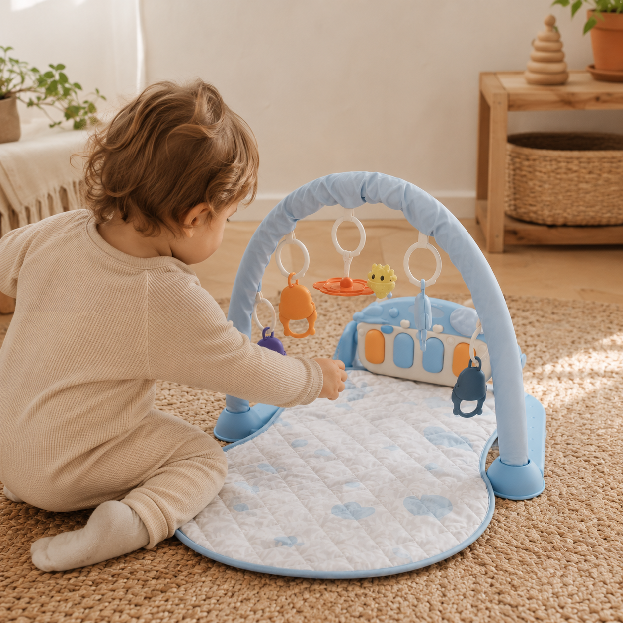 Enfant jouant avec un tapis d'éveil bébé musical Montessori