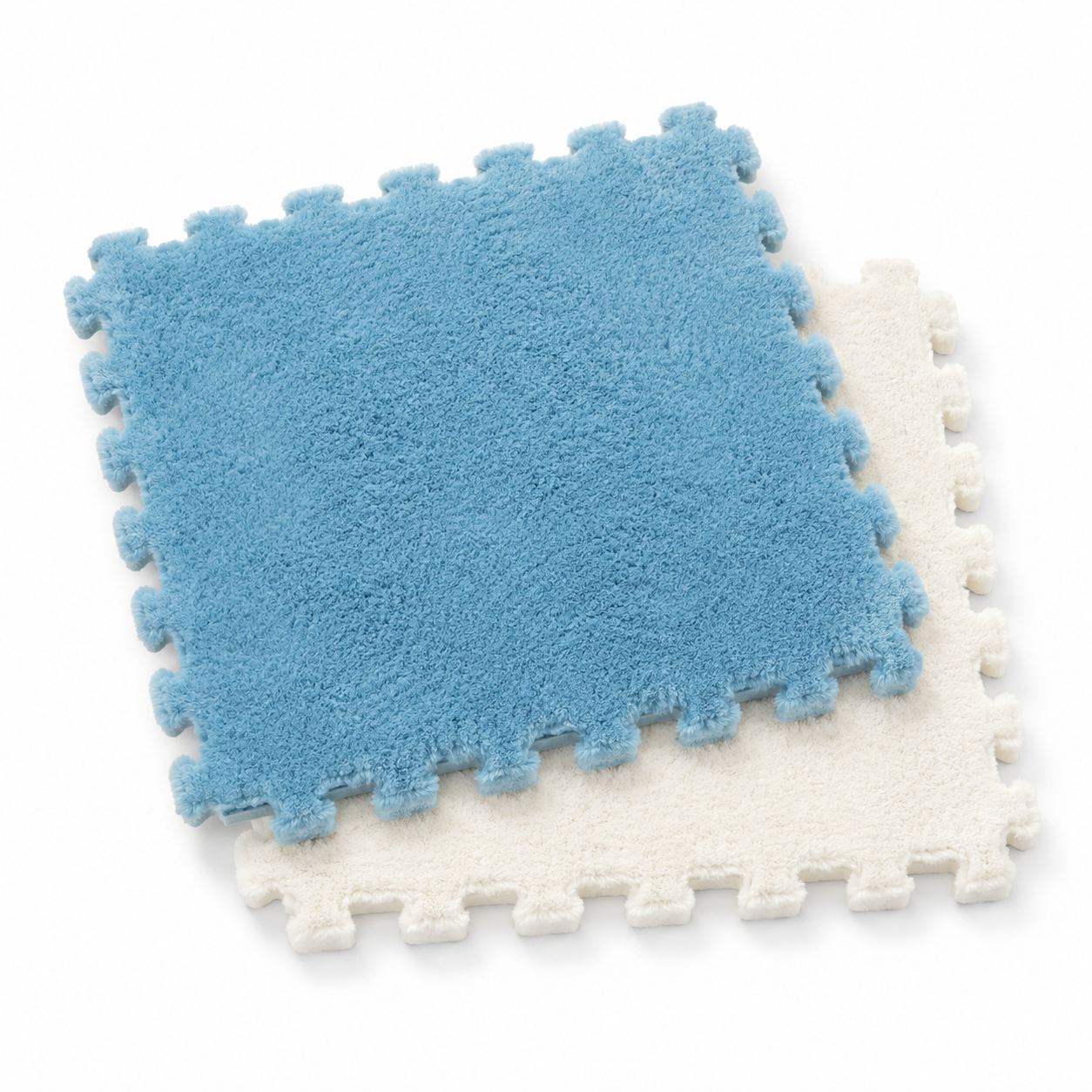 Tapis puzzle Montessori blanc et bleu pour bébé - carreaux veloutés emboîtables