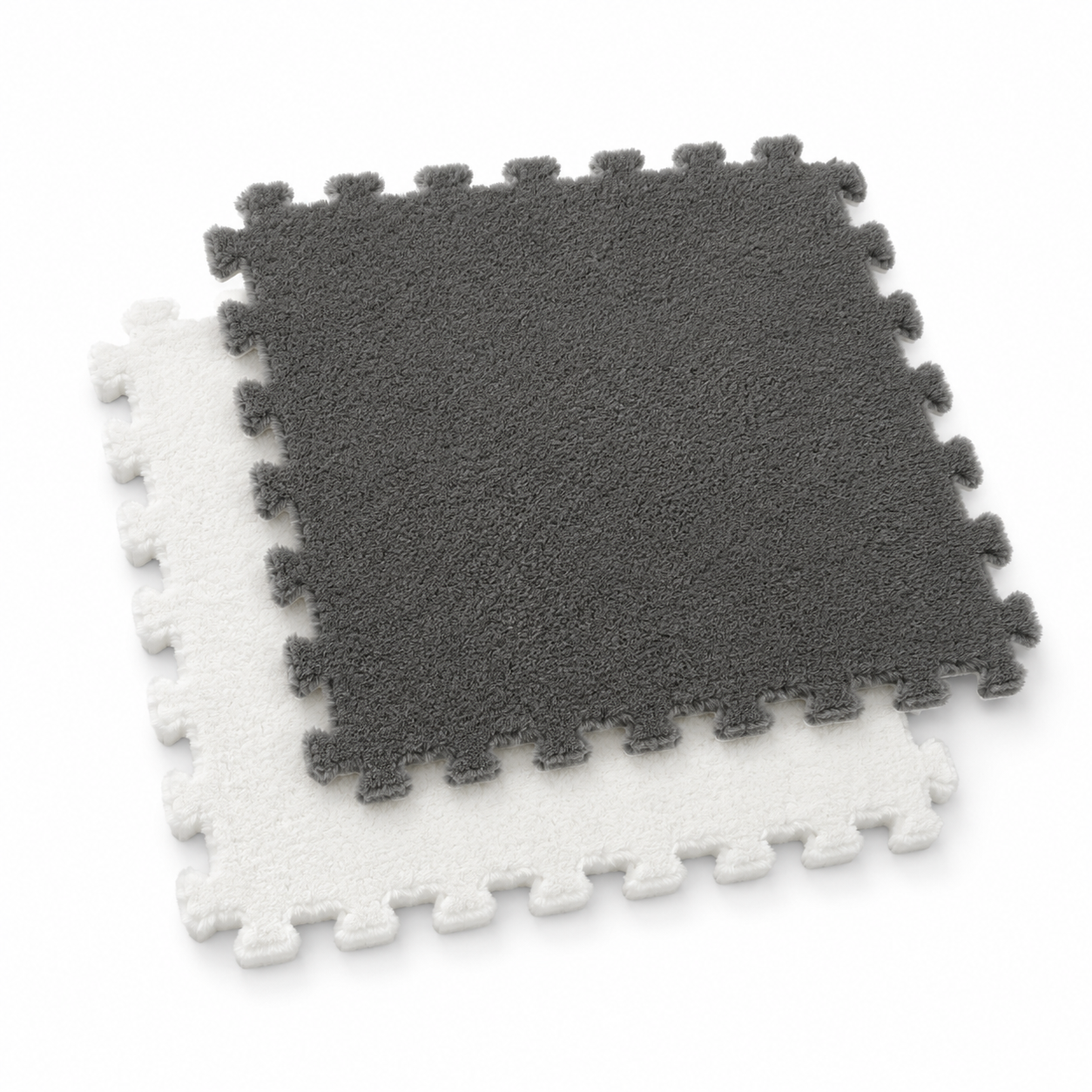 Tapis puzzle Montessori blanc et grisé pour bébé - carreaux veloutés emboîtables