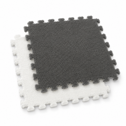 Tapis puzzle Montessori blanc et grisé pour bébé - carreaux veloutés emboîtables