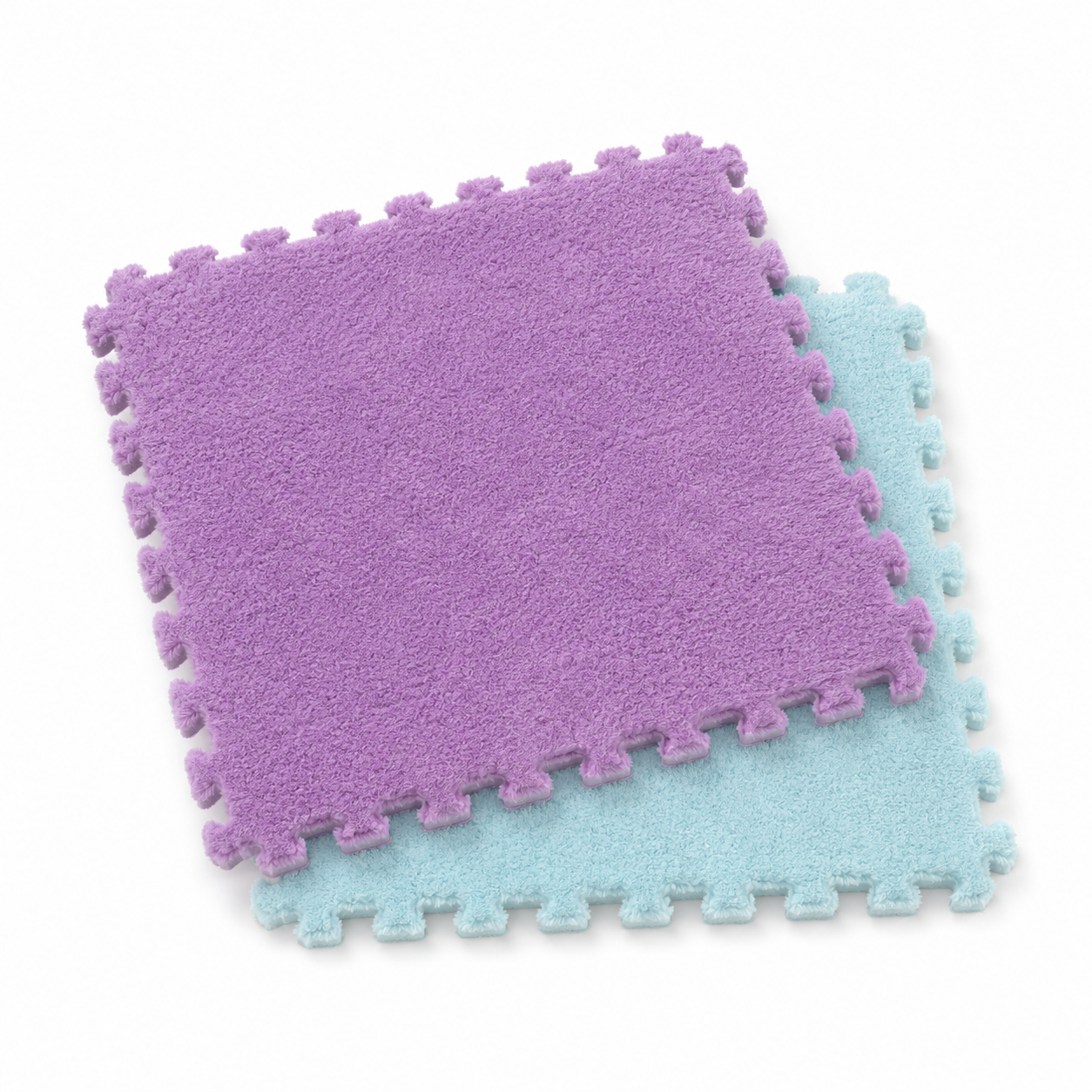 Tapis puzzle Montessori bleu et lavande pour bébé - carreaux veloutés emboîtables