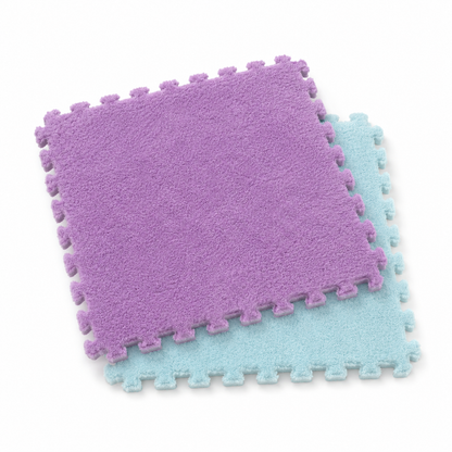 Tapis puzzle Montessori bleu et lavande pour bébé - carreaux veloutés emboîtables