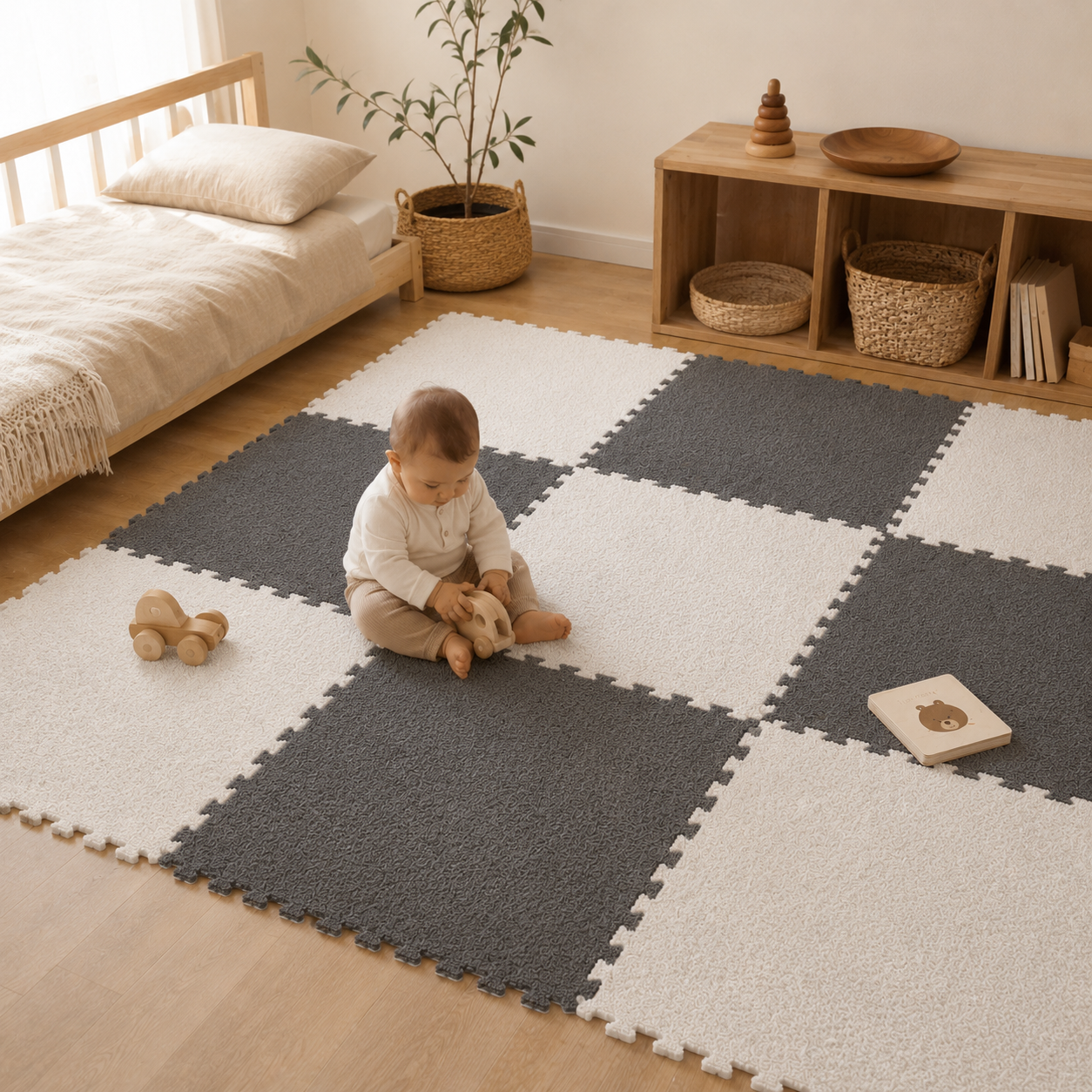 Tapis puzzle Montessori installé dans une chambre bébé - ambiance scandinave naturelle