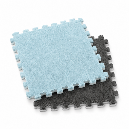 Tapis puzzle Montessori gris et bleu pour bébé - carreaux veloutés emboîtables
