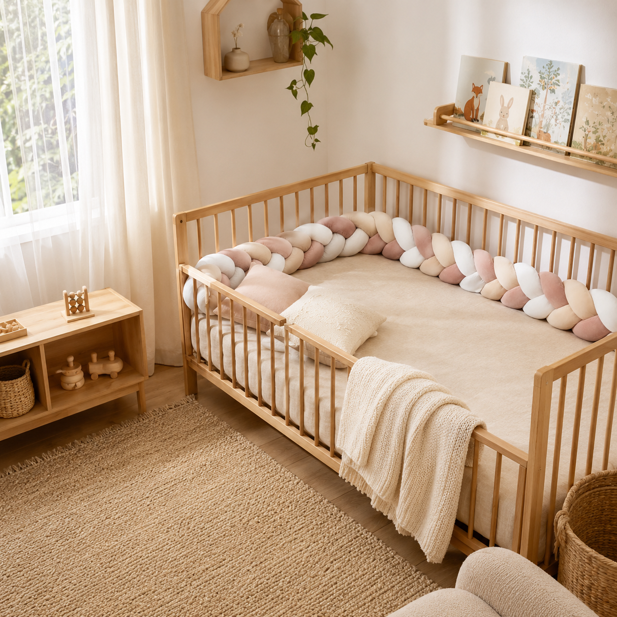 Tresse de lit protection velours installée sur lit à barreaux dans une chambre Montessori