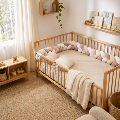 Tresse de lit protection velours installée sur lit à barreaux dans une chambre Montessori