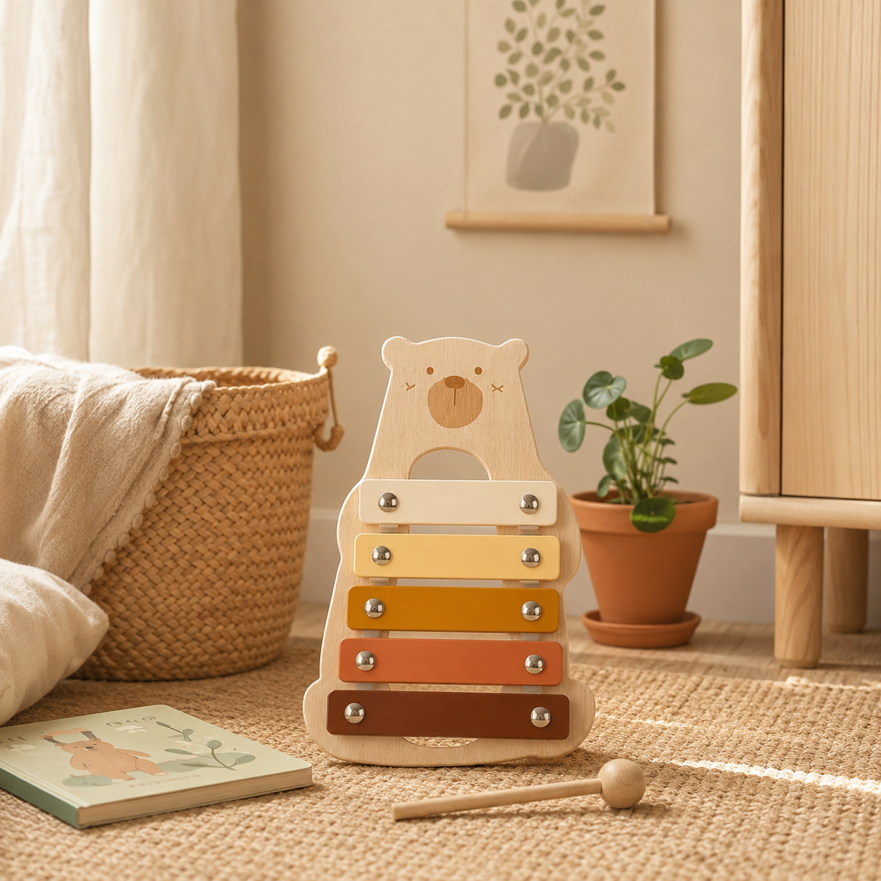 Xylophone en bois Montessori dans une chambre bébé scandinave